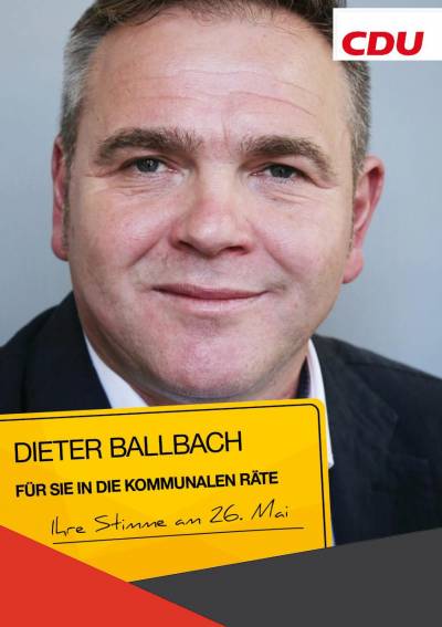 Dieter Ballbach
52 Jahre
Gipser

Dieter Ballbach ist auf Platz 8 der Stadtratsliste und auf Platz 12 der Verbandsgemeinderatsliste. - Dieter Ballbach
52 Jahre
Gipser

Dieter Ballbach ist auf Platz 8 der Stadtratsliste und auf Platz 12 der Verbandsgemeinderatsliste.